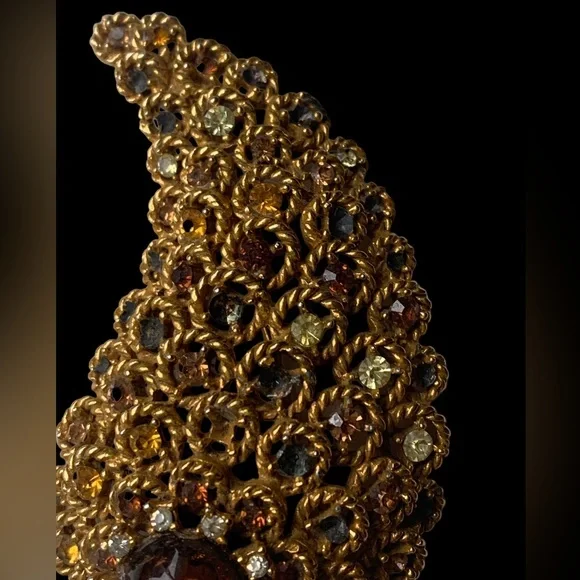 Vintage Signed ART Art Pepper Gold Plated Crystal Fall Cornucopia Brooch Jewelry - Picture 5 of 10